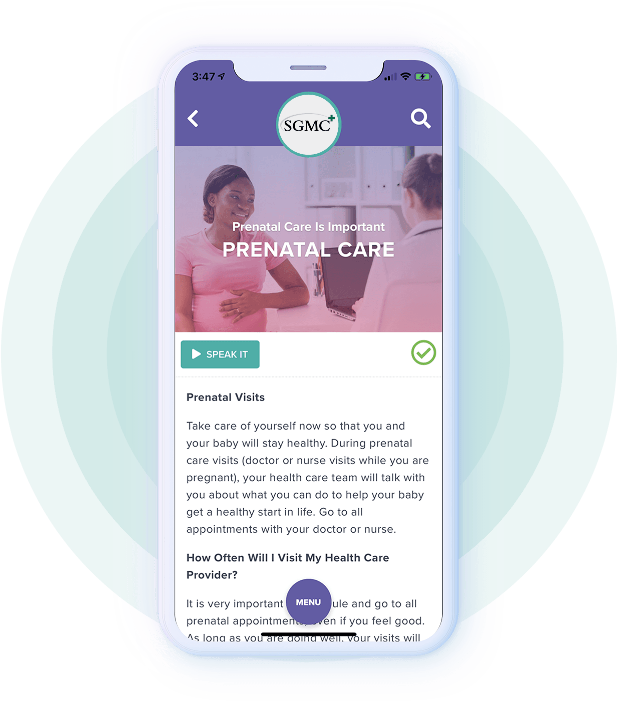 Screenshot of YoMingo app showing prenatal care section